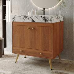Mid-Century  Free-standing Bathroom Vanity with Faux Marble Top & Ceramic Sink, 30" Double Door Storage Cabinet, Waterproof Engineered Wood, Gold Legs
