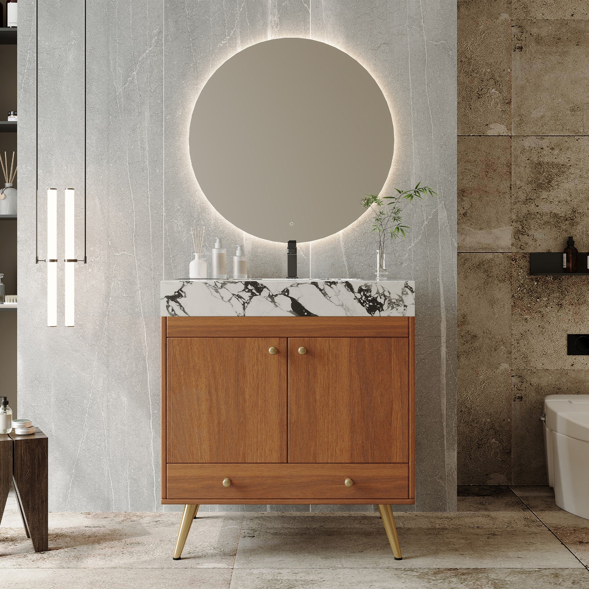 Mid-Century  Free-standing Bathroom Vanity with Faux Marble Top & Ceramic Sink, 30" Double Door Storage Cabinet, Waterproof Engineered Wood, Gold Legs
