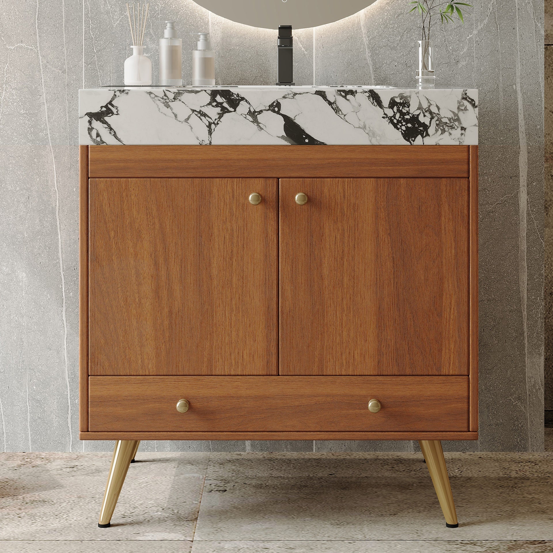 Mid-Century  Free-standing Bathroom Vanity with Faux Marble Top & Ceramic Sink, 30" Double Door Storage Cabinet, Waterproof Engineered Wood, Gold Legs