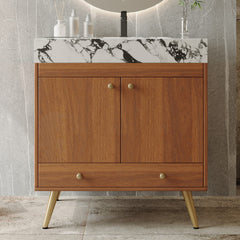Mid-Century  Free-standing Bathroom Vanity with Faux Marble Top & Ceramic Sink, 30" Double Door Storage Cabinet, Waterproof Engineered Wood, Gold Legs