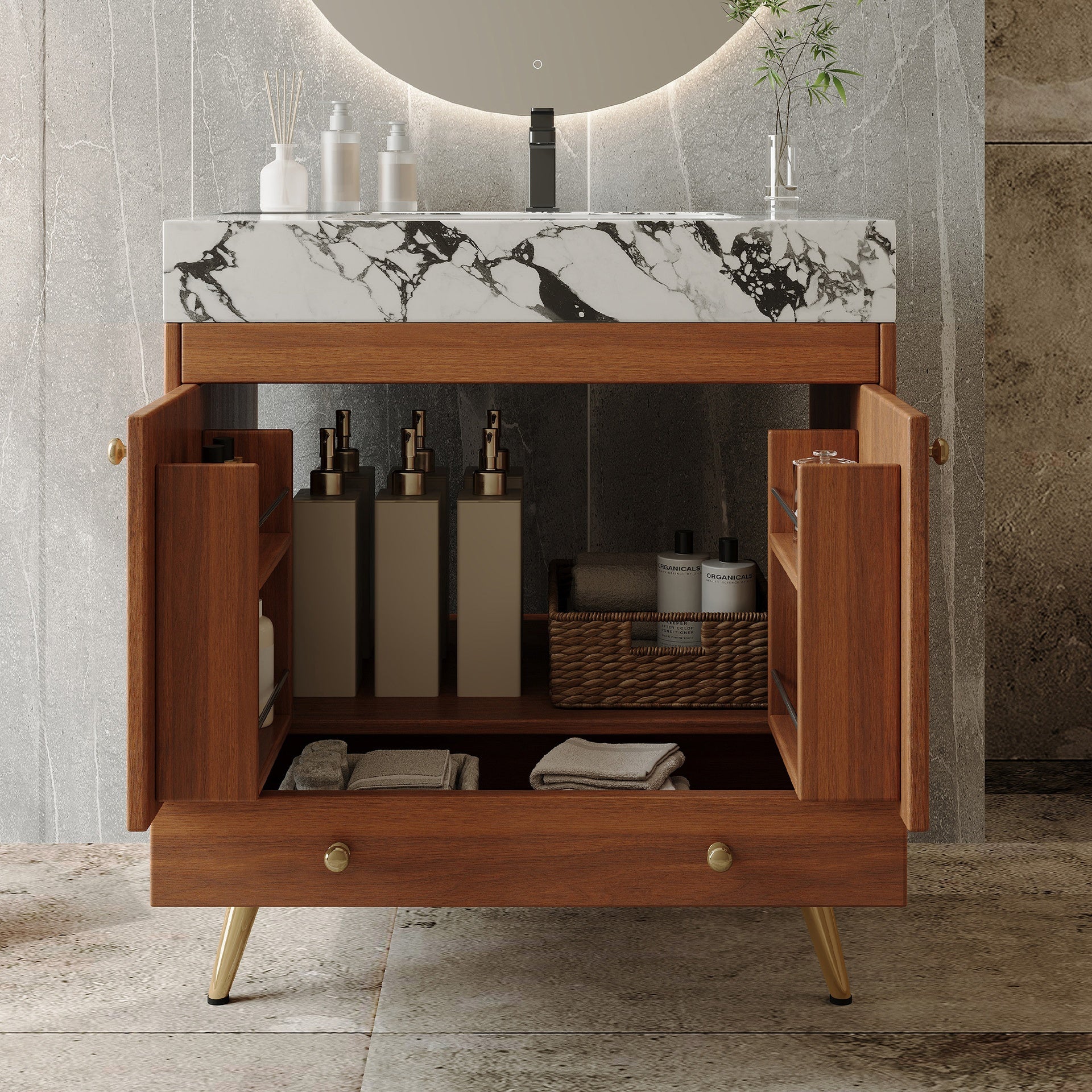 Mid-Century  Free-standing Bathroom Vanity with Faux Marble Top & Ceramic Sink, 30" Double Door Storage Cabinet, Waterproof Engineered Wood, Gold Legs