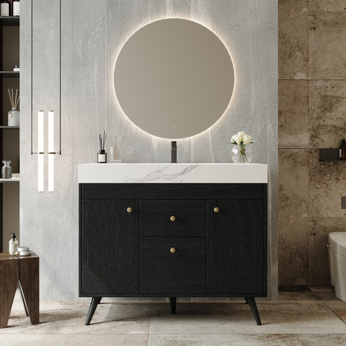 36" Modern Freestanding Bathroom Vanity with Sintered Stone Top, Ceramic Sink & Smart Storage