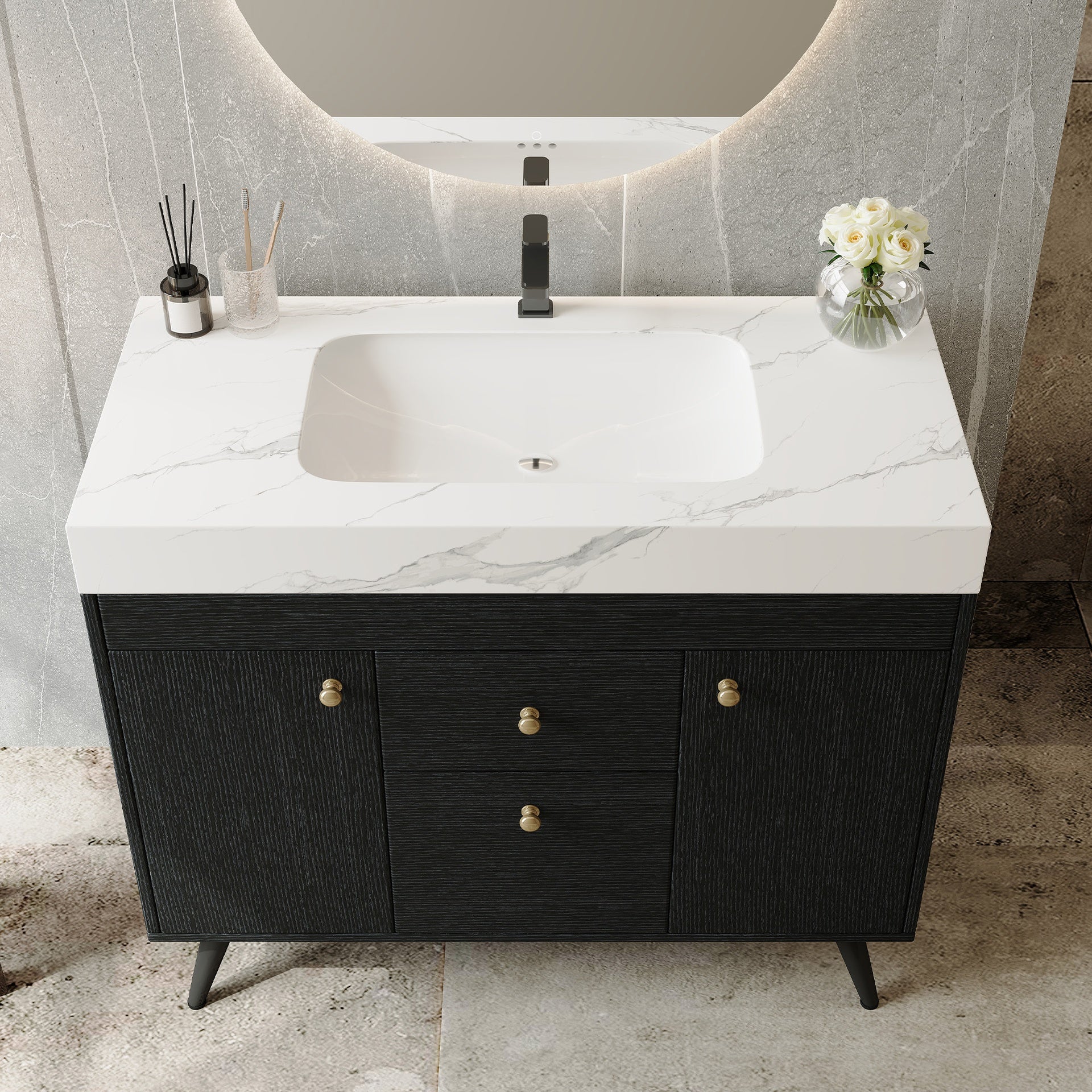 36" Modern Freestanding Bathroom Vanity with Sintered Stone Top, Ceramic Sink & Smart Storage
