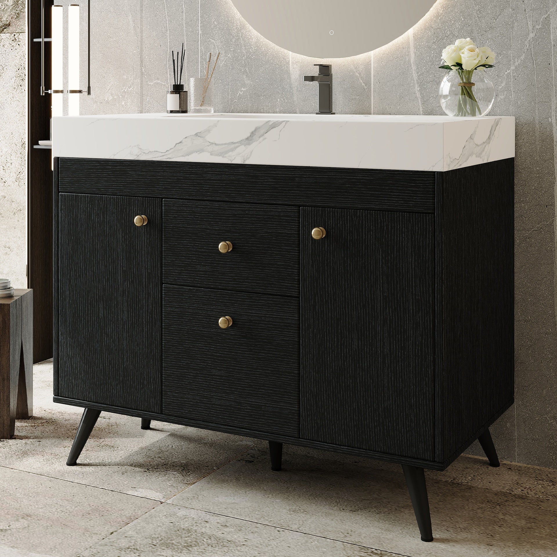 36" Modern Freestanding Bathroom Vanity with Sintered Stone Top, Ceramic Sink & Smart Storage