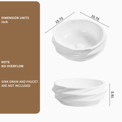 Round Diamond-Quilted Ceramic Vessel Sink - 15.75"×5.9" Textured Bathroom Basin, No Faucet Hole, Gloss White without Drain, Compact for Powder Rooms & RV