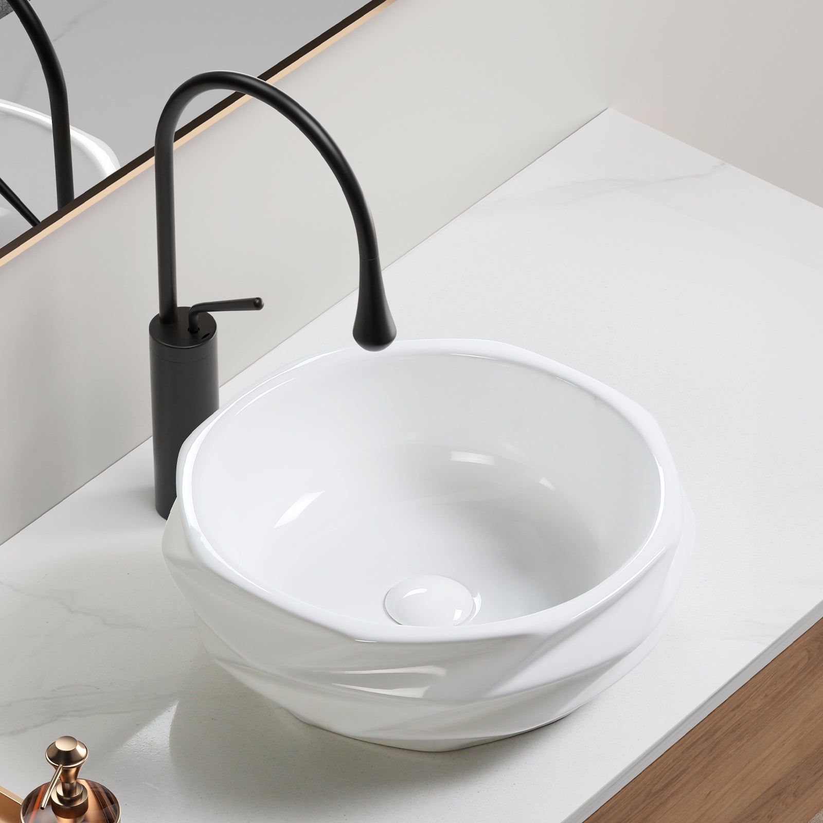 Round Diamond-Quilted Ceramic Vessel Sink - 15.75"×5.9" Textured Bathroom Basin, No Faucet Hole, Gloss White without Drain, Compact for Powder Rooms & RV