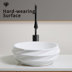 Round Diamond-Quilted Ceramic Vessel Sink - 15.75"×5.9" Textured Bathroom Basin, No Faucet Hole, Gloss White without Drain, Compact for Powder Rooms & RV