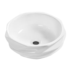 Round Diamond-Quilted Ceramic Vessel Sink - 15.75"×5.9" Textured Bathroom Basin, No Faucet Hole, Gloss White without Drain, Compact for Powder Rooms & RV