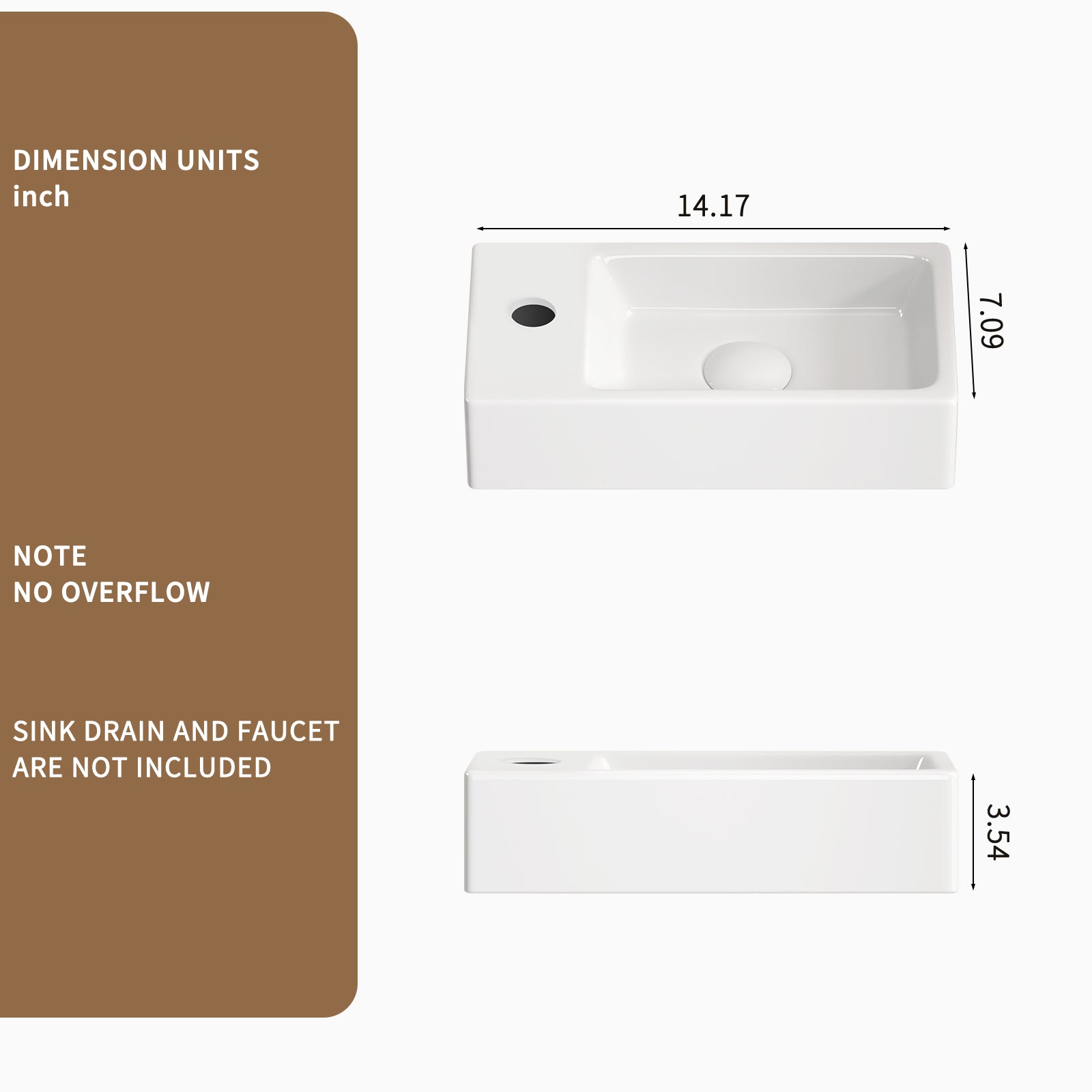 Wall-Mounted Ceramic Bathroom Sink 14.57" x 7.09" x 3.54" - White Porcelain Vessel Basin with Silver Color Faucet & Drain, Space-Saving Design for Small Bathroom, Powder Room(H8315-SET)