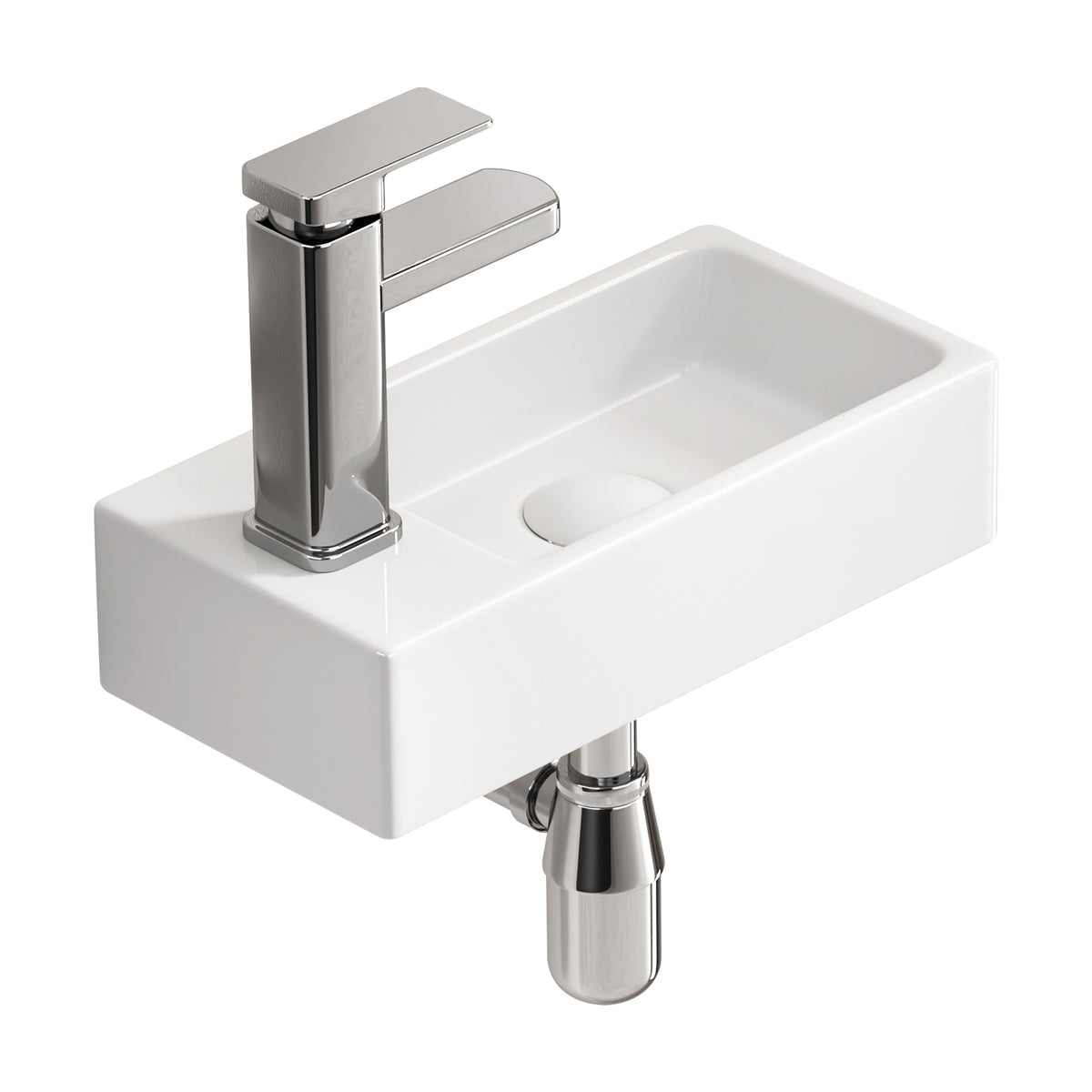 Wall-Mounted Ceramic Bathroom Sink 14.57" x 7.09" x 3.54" - White Porcelain Vessel Basin with Silver Color Faucet & Drain, Space-Saving Design for Small Bathroom, Powder Room(H8315-SET)