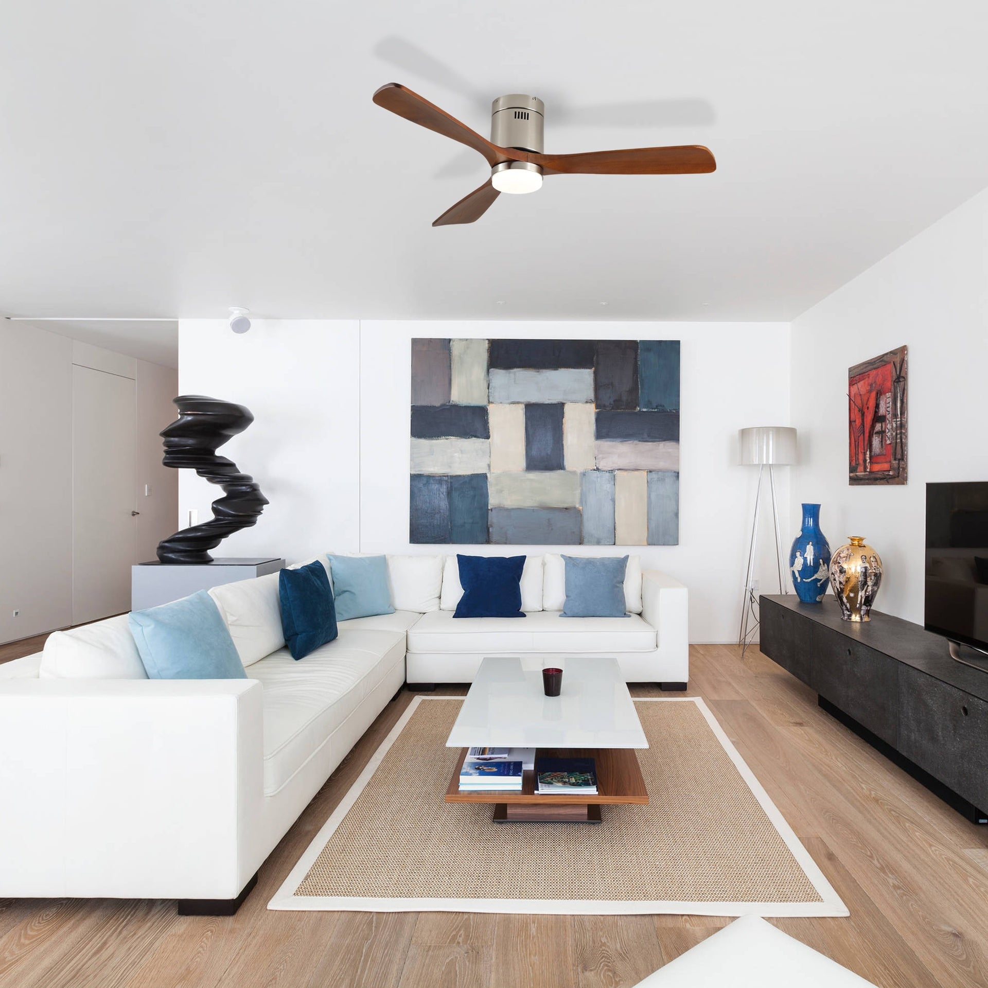 52 Inch Ceiling Fan with Light, 3 Light Walnut Solid Wood Blades,Remote Control,6-speed Reversible DC Motor for Bed Room,Dining Room,Living Room.