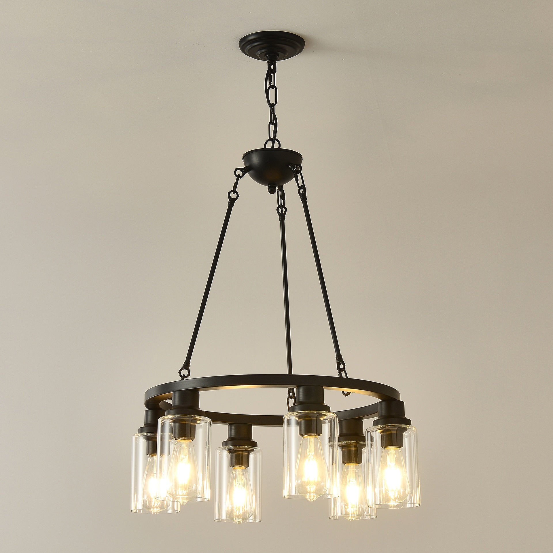6-Light Black Wagon Wheel Chandelier With Light(No Bulbs) For Bedroom Bathroom--E26
