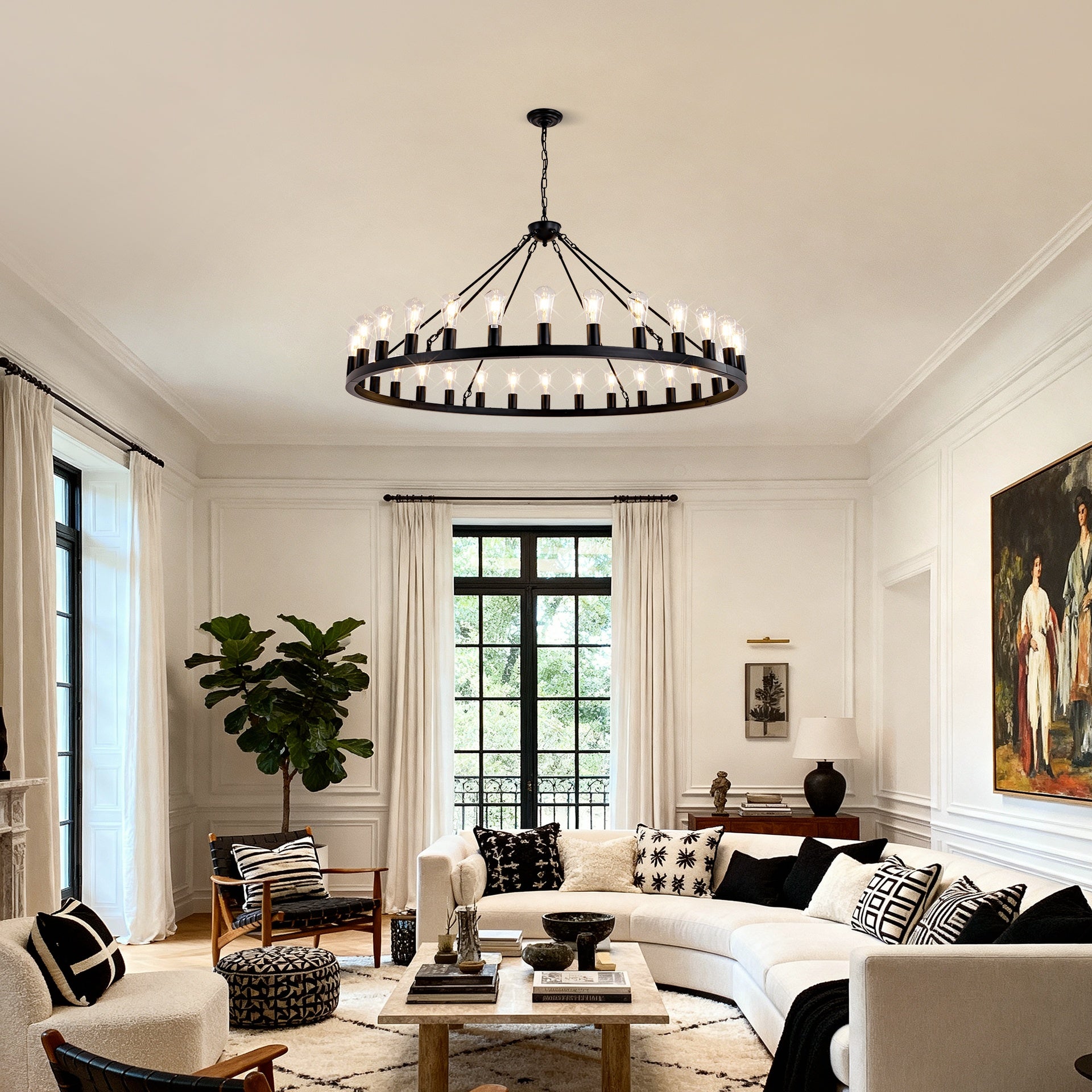 64 Inch Matte Black Wagon Wheel Chandelier With 30-Lights (No Bulbs)-E26