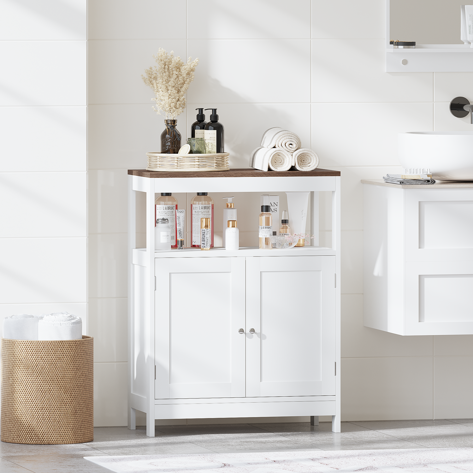 Modern Storage Cabinet with Double Doors, Free-Standing Bathroom Cabinet with Adjustable Shelf and Natural Wood Top, Multi-Purpose Organizer for Kitchen, Living Room, Bathroom or Entryway – White