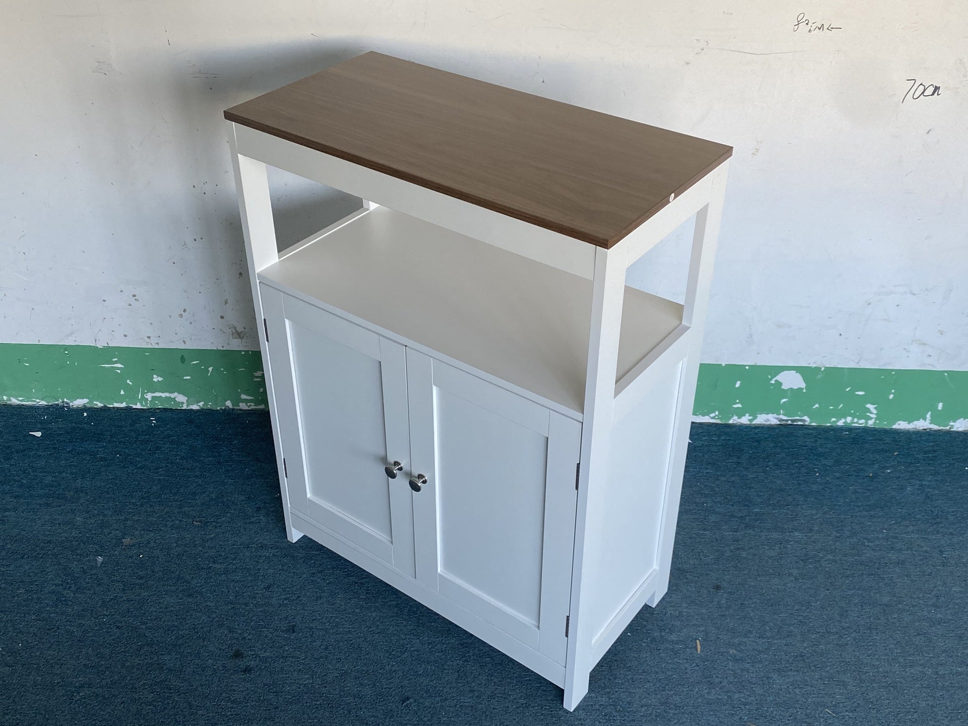 Modern Storage Cabinet with Double Doors, Free-Standing Bathroom Cabinet with Adjustable Shelf and Natural Wood Top, Multi-Purpose Organizer for Kitchen, Living Room, Bathroom or Entryway – White