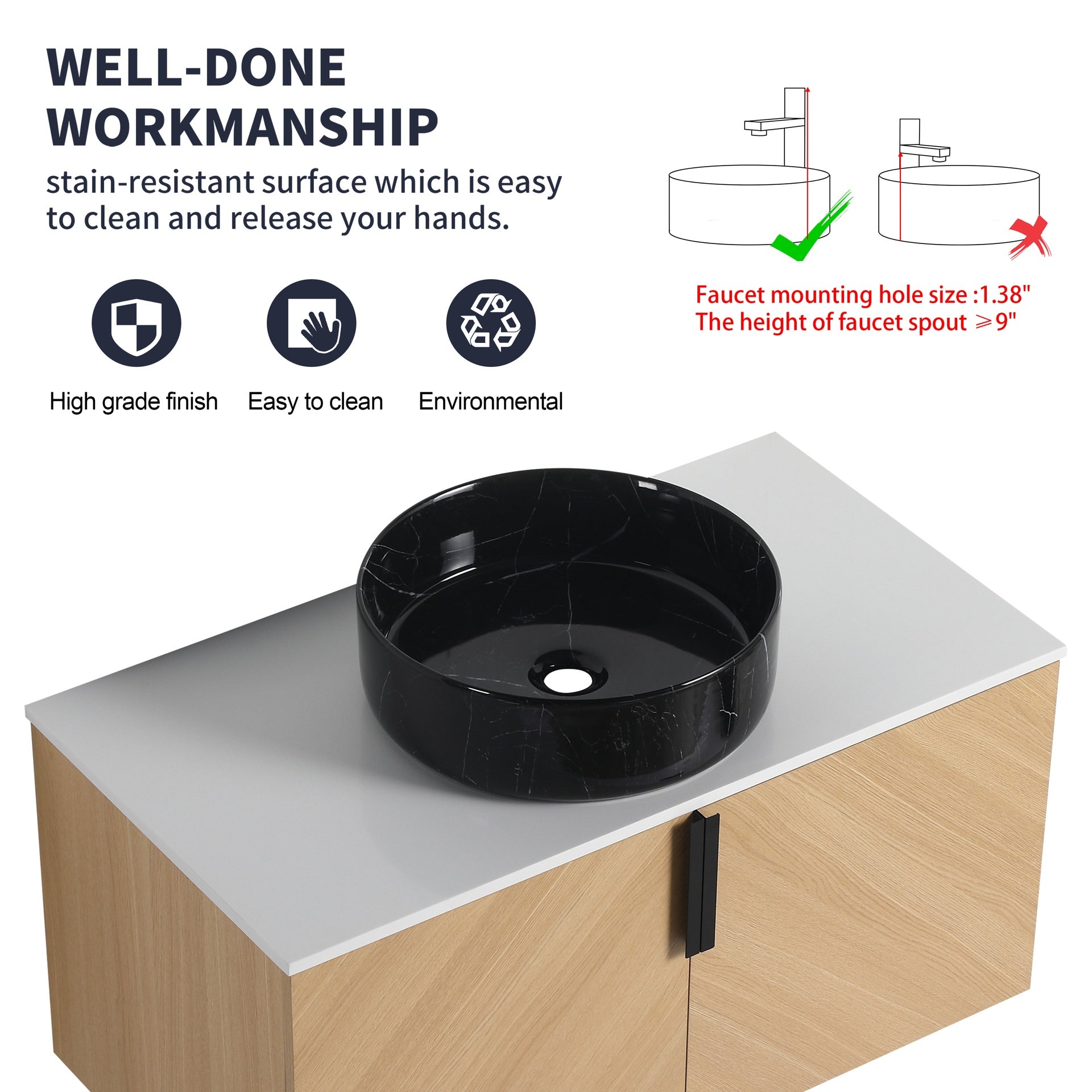 36" Bathroom Vanity With Top Ceramic Art Sink and Artificial Stone Slab, 2-Soft Close Door, Wall-Mounted Mounting Design, Plywood (KD-Packing)