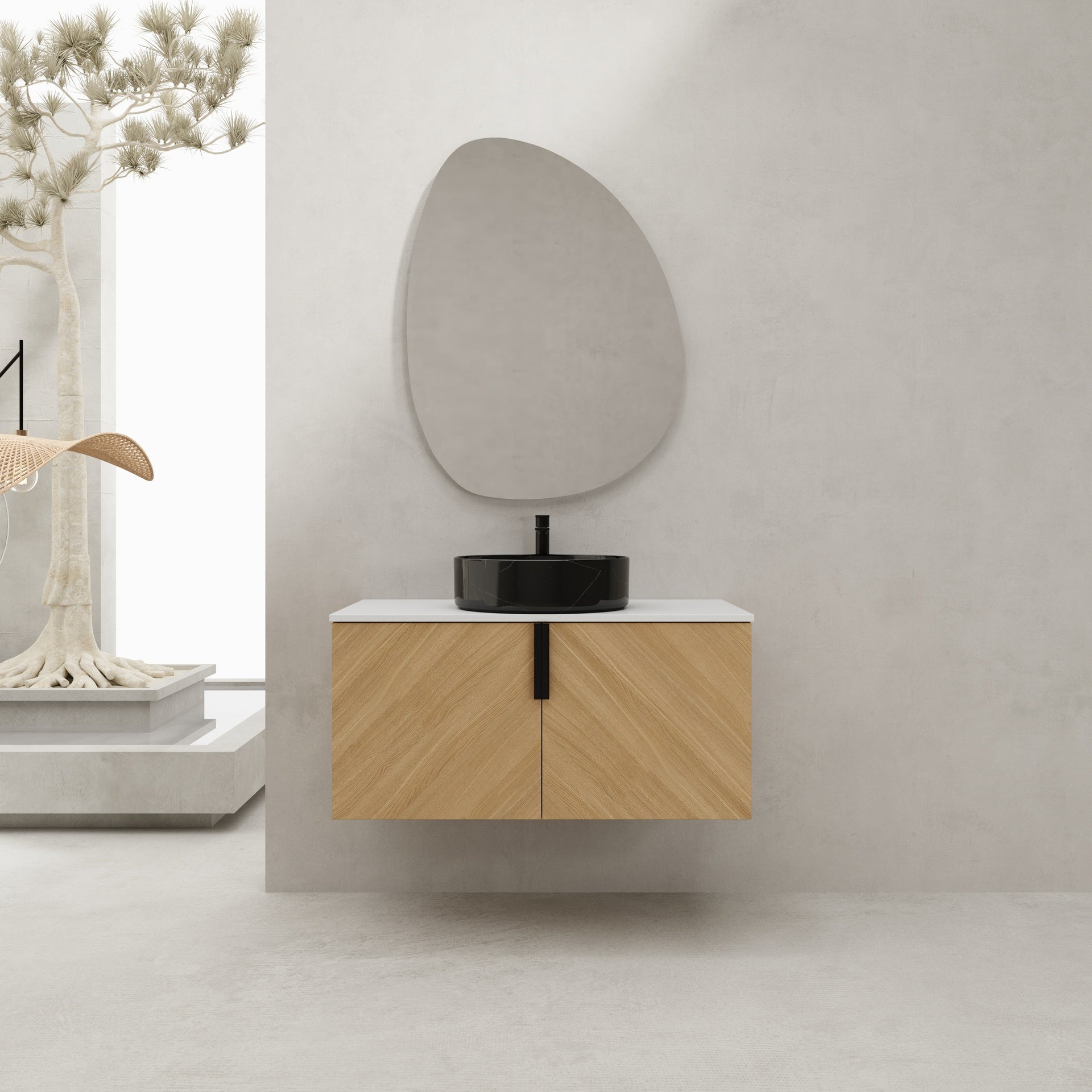 36" Bathroom Vanity With Top Ceramic Art Sink and Artificial Stone Slab, 2-Soft Close Door, Wall-Mounted Mounting Design, Plywood (KD-Packing)