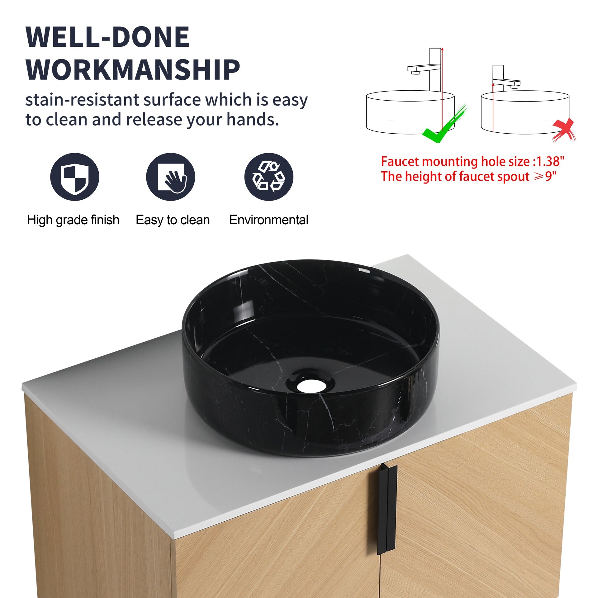 30" Bathroom Vanity With Top Ceramic Art Sink and Artificial Stone Slab, 2-Soft Close Door, Wall-Mounted Mounting Design, Plywood (KD-Packing)
