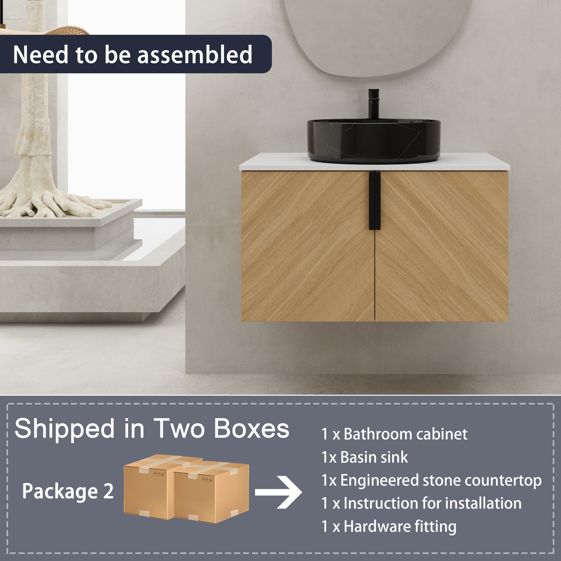 30" Bathroom Vanity With Top Ceramic Art Sink and Artificial Stone Slab, 2-Soft Close Door, Wall-Mounted Mounting Design, Plywood (KD-Packing)