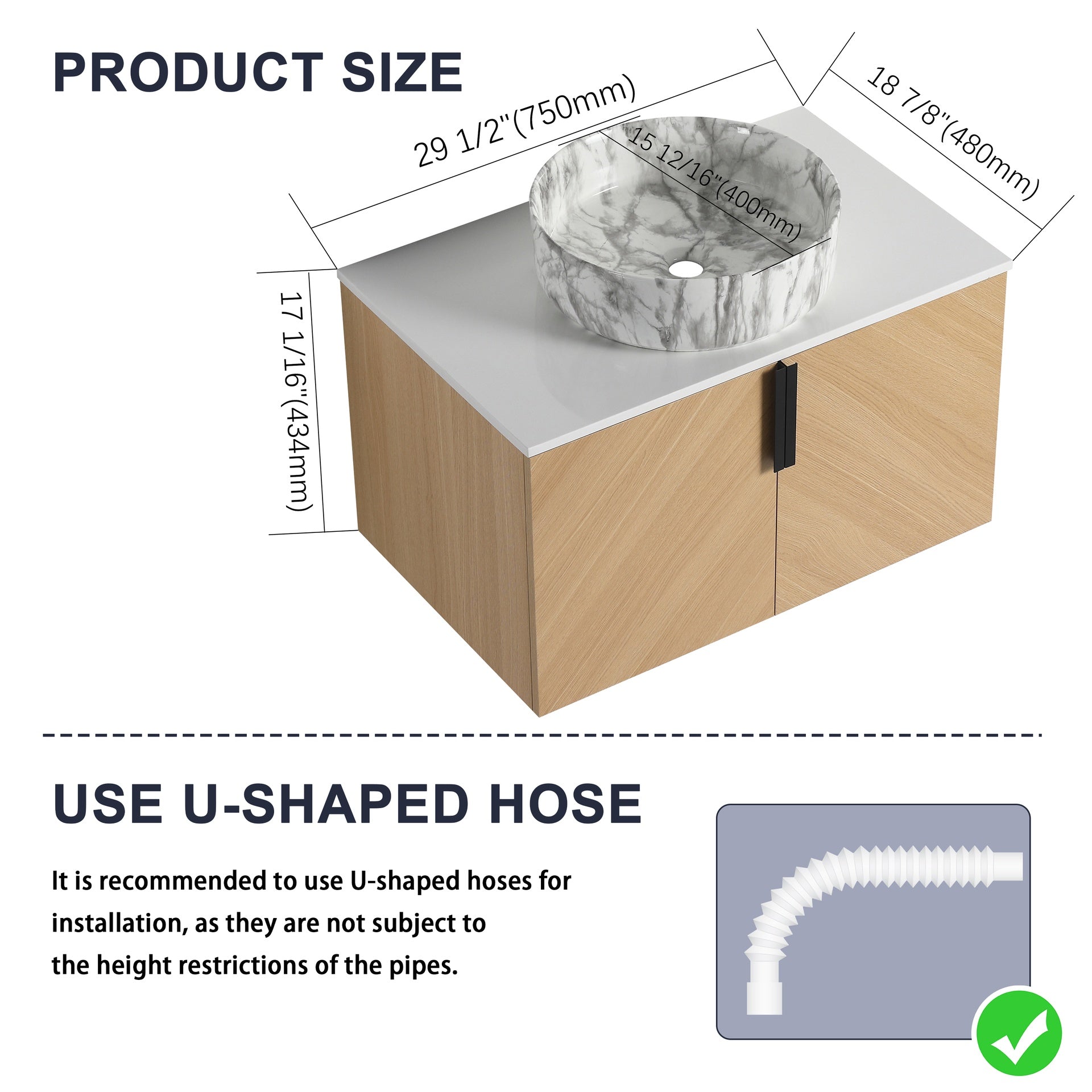 30" Bathroom Vanity With Top Ceramic Art Sink and Artificial Stone Slab, 2-Soft Close Door, Wall-Mounted Mounting Design, Plywood (KD-Packing)