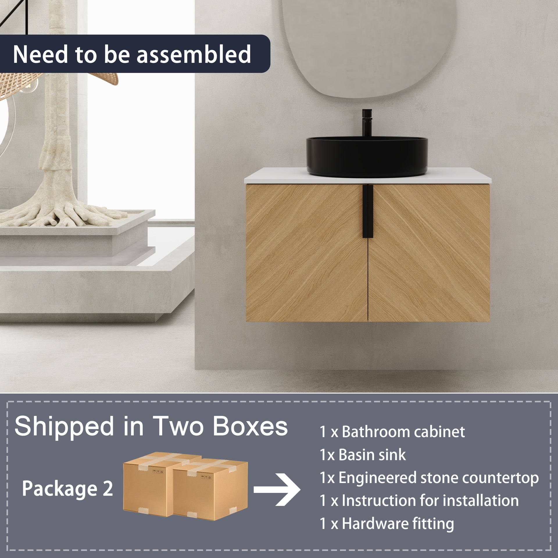 30" Bathroom Vanity With Top Ceramic Art Sink and Artificial Stone Slab, 2-Soft Close Door, Wall-Mounted Mounting Design, Plywood (KD-Packing)