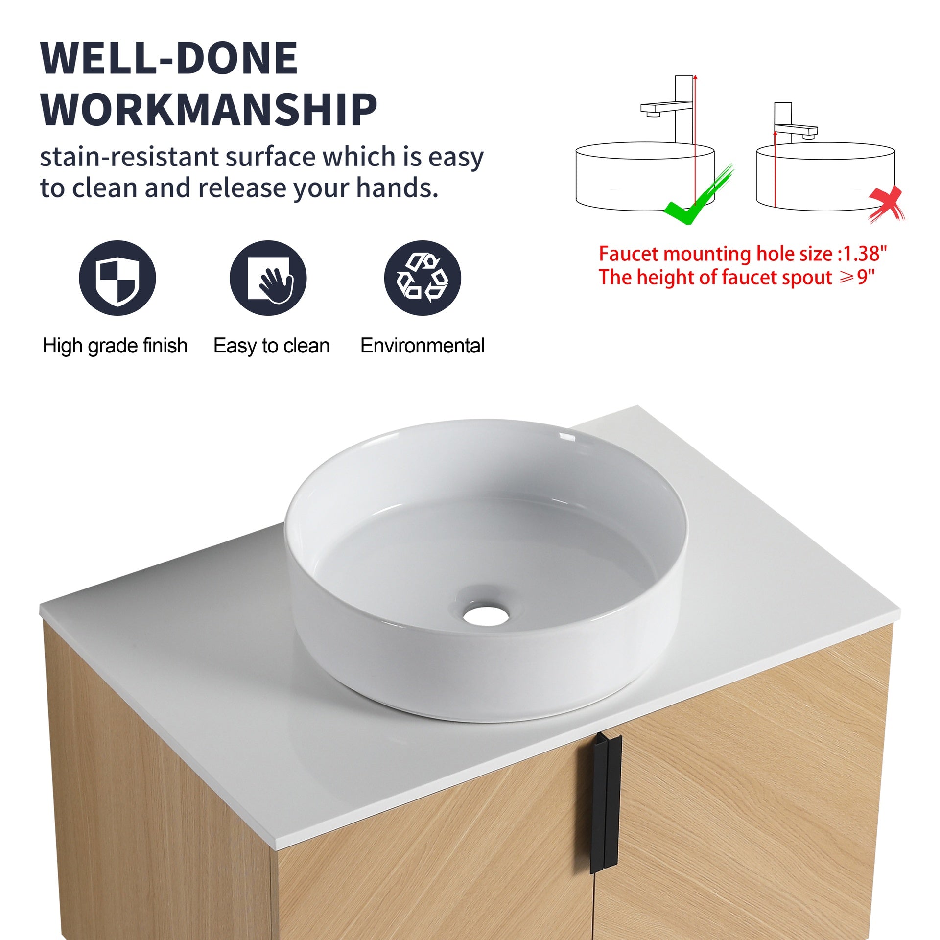 30" Bathroom Vanity With Top Ceramic Art Sink and Artificial Stone Slab, 2-Soft Close Door, Wall-Mounted Mounting Design, Plywood (KD-Packing)