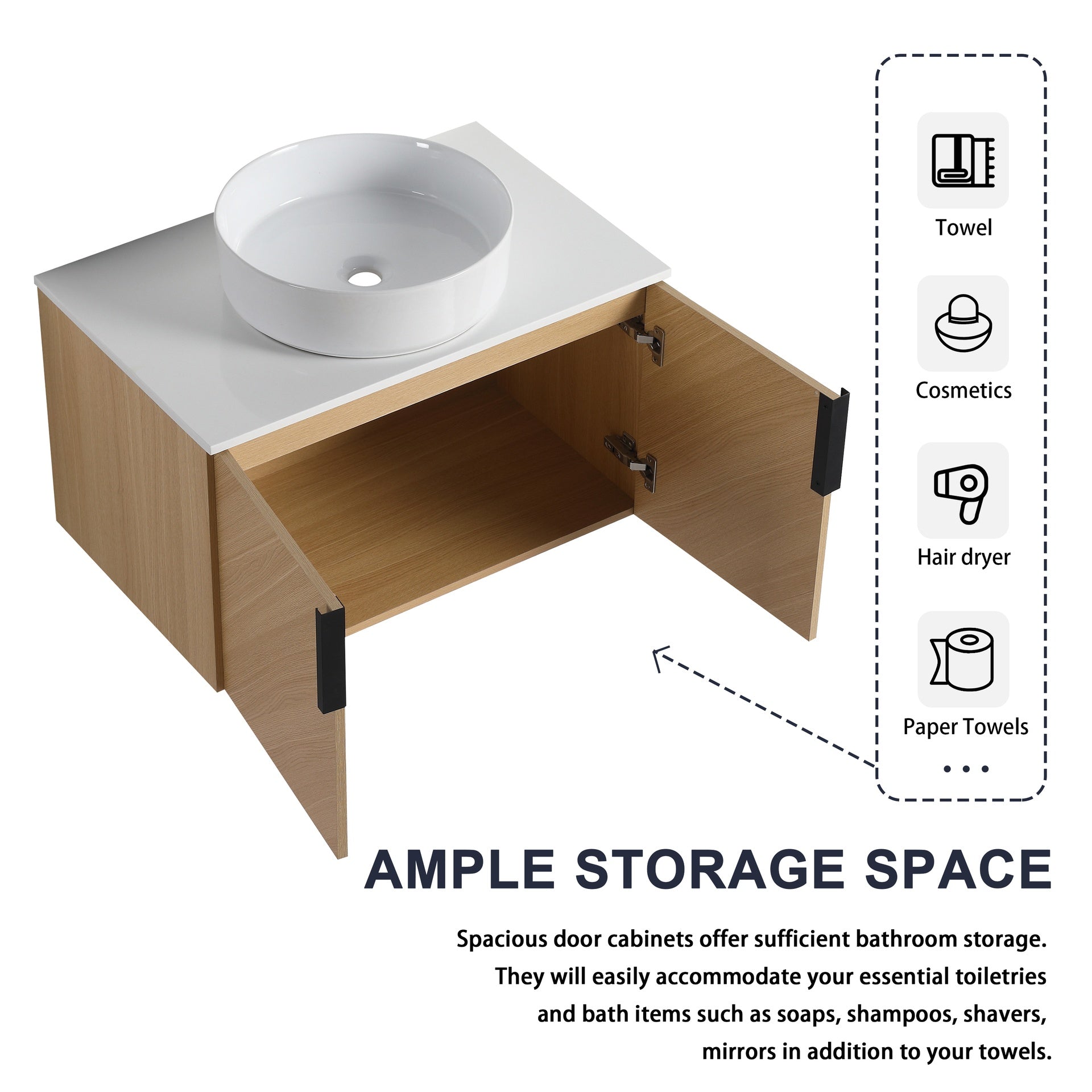 30" Bathroom Vanity With Top Ceramic Art Sink and Artificial Stone Slab, 2-Soft Close Door, Wall-Mounted Mounting Design, Plywood (KD-Packing)