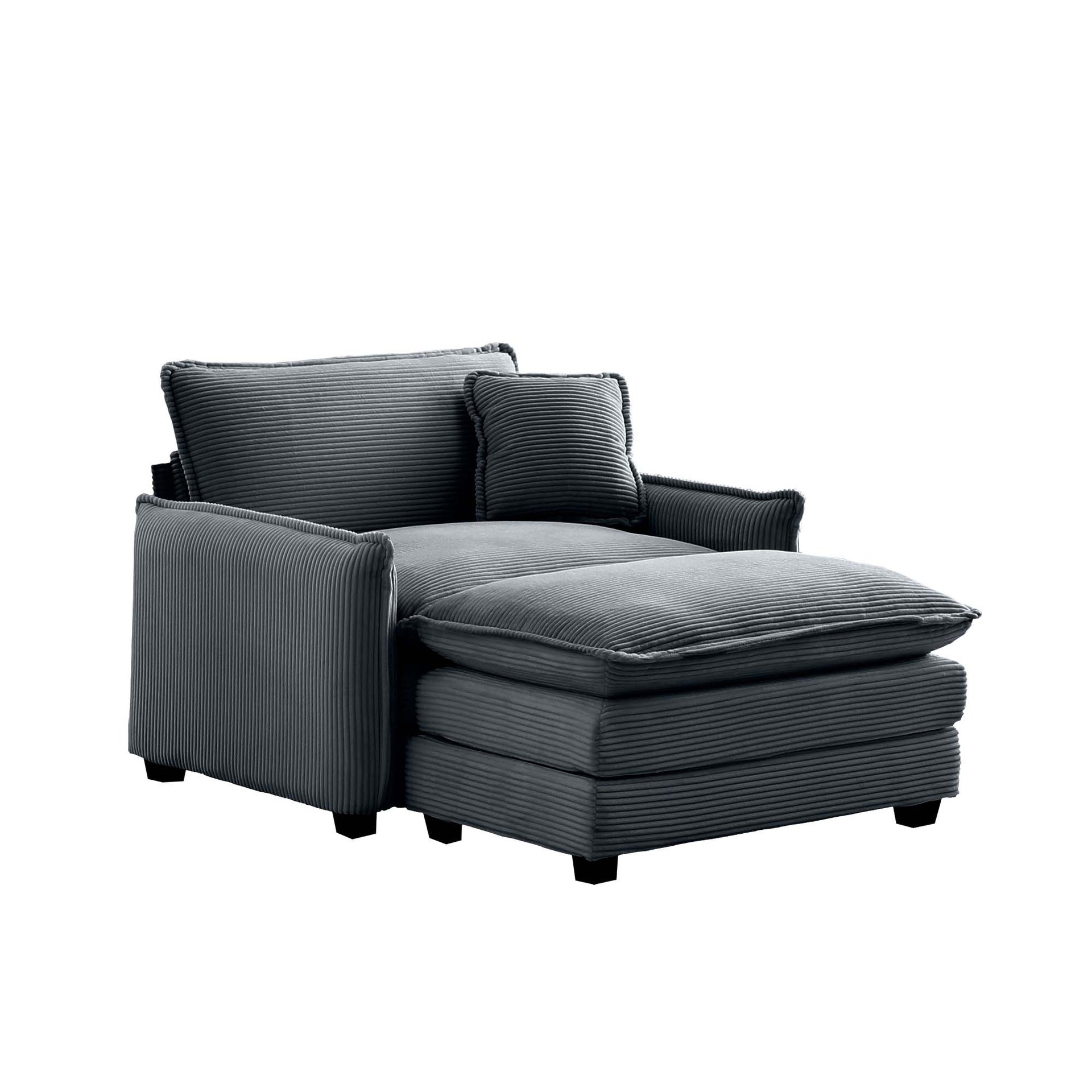 Single Deep Seat Sofa With Footstool With One Pillow, Suitable for Living Room and Bedroom, Club Multiple Occasions,Grey Corduroy