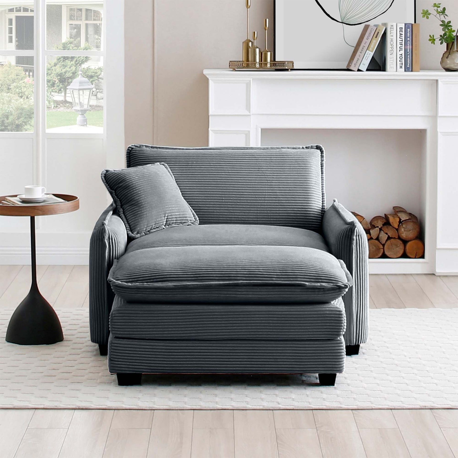 Single Deep Seat Sofa With Footstool With One Pillow, Suitable for Living Room and Bedroom, Club Multiple Occasions,Grey Corduroy
