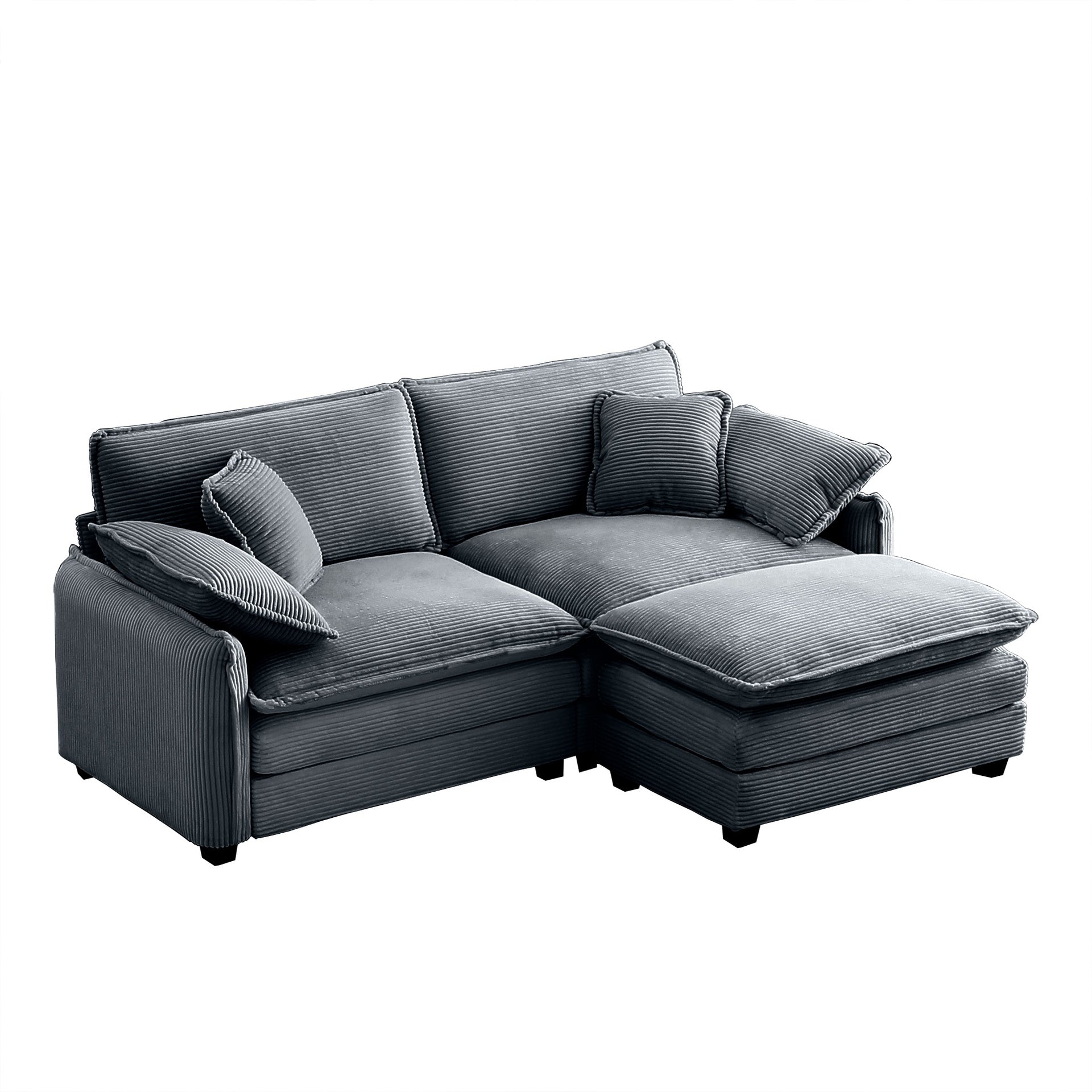 Two-Seater Sofa  with One Footrest, L-Shaped 2-Seater Sofa with Ottoman for Small Living Spaces,Grey Corduroy
