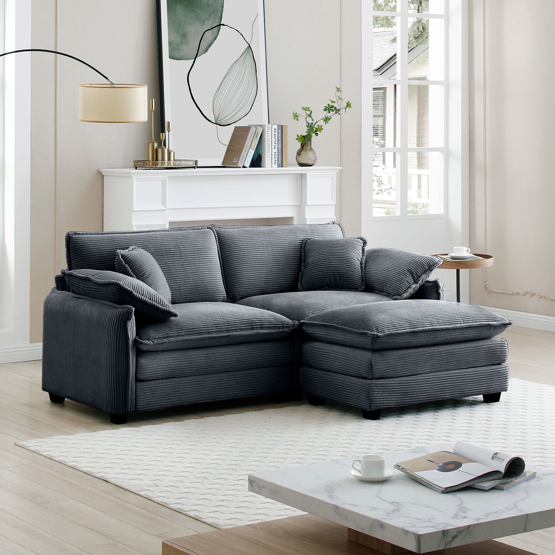 Two-Seater Sofa  with One Footrest, L-Shaped 2-Seater Sofa with Ottoman for Small Living Spaces,Grey Corduroy