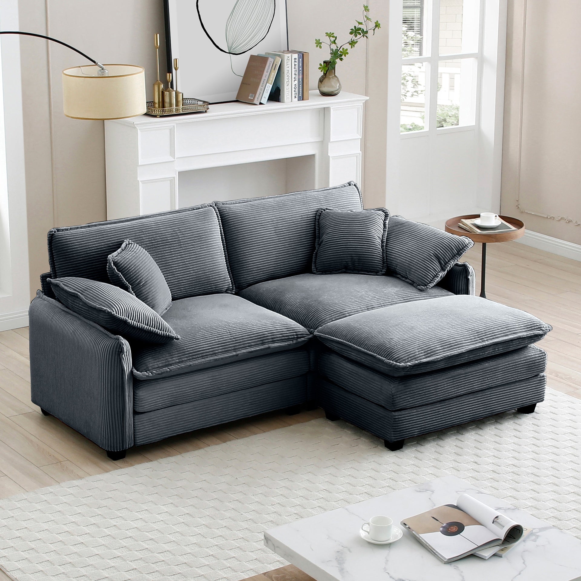 Two-Seater Sofa  with One Footrest, L-Shaped 2-Seater Sofa with Ottoman for Small Living Spaces,Grey Corduroy