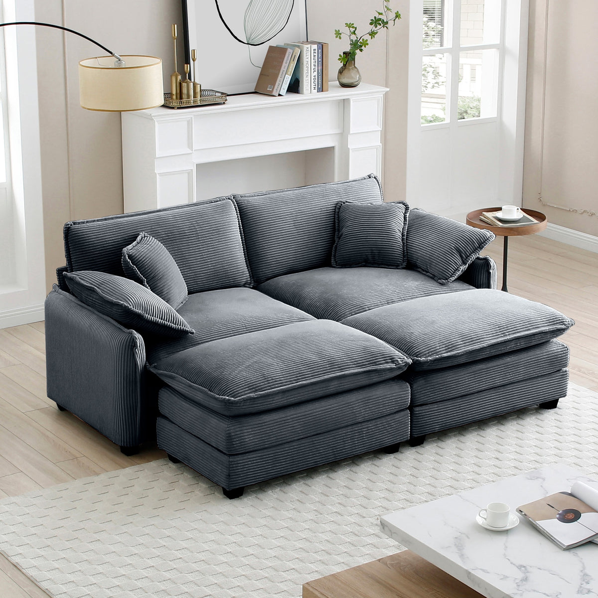 Two-Seater Theater Sofa  with 2 Footrest, 2-Seater Sofa with Ottoman for Small Living Spaces,Grey Corduroy