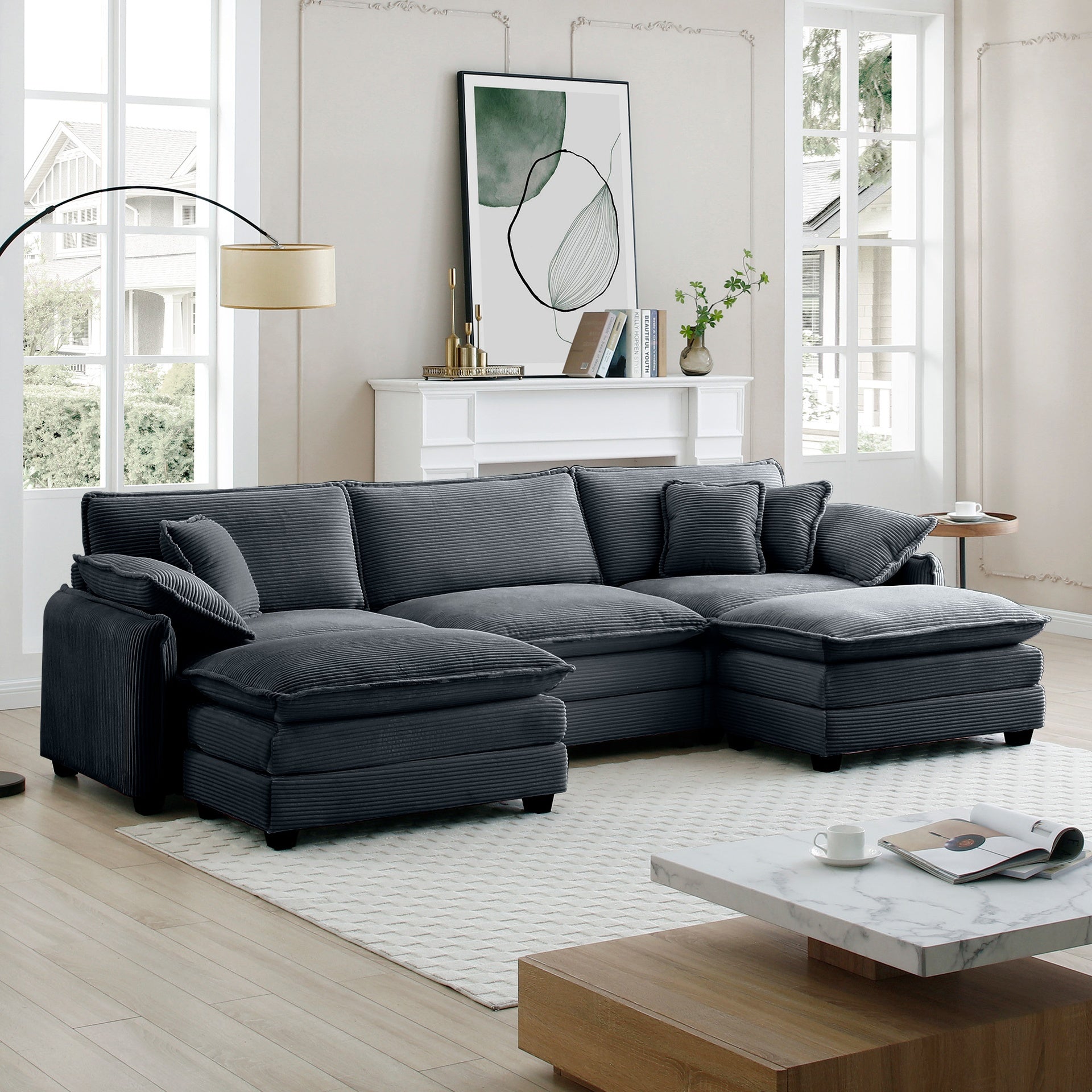 Oversized modular cushioned sofa with conversible ottoman, 3-seater sofa with 2 footstools, U shape sofa inGrey corduroy fabric