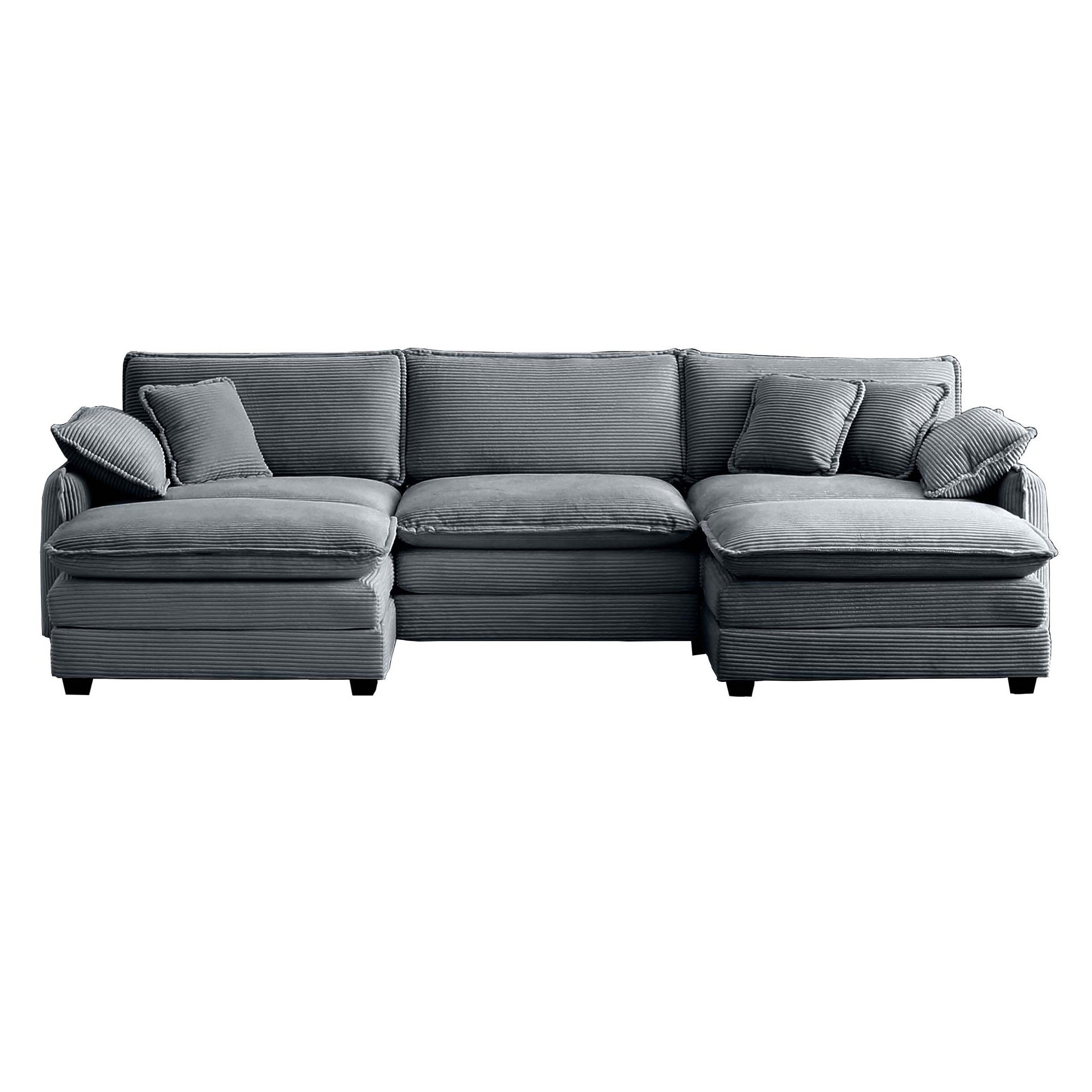 Oversized modular cushioned sofa with conversible ottoman, 3-seater sofa with 2 footstools, U shape sofa inGrey corduroy fabric