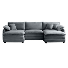 Oversized modular cushioned sofa with conversible ottoman, 3-seater sofa with 2 footstools, U shape sofa inGrey corduroy fabric