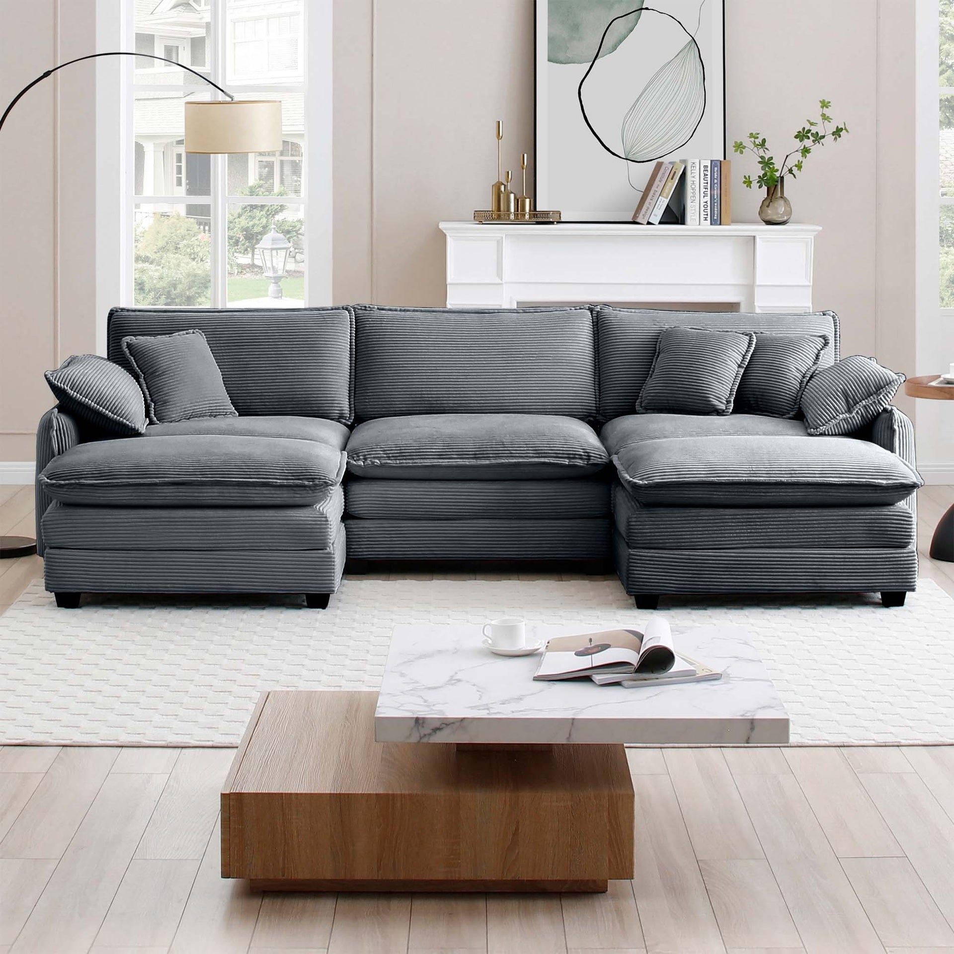 Oversized modular cushioned sofa with conversible ottoman, 3-seater sofa with 2 footstools, U shape sofa inGrey corduroy fabric