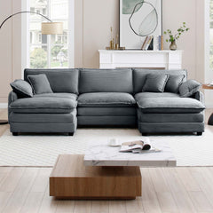 Oversized modular cushioned sofa with conversible ottoman, 3-seater sofa with 2 footstools, U shape sofa inGrey corduroy fabric