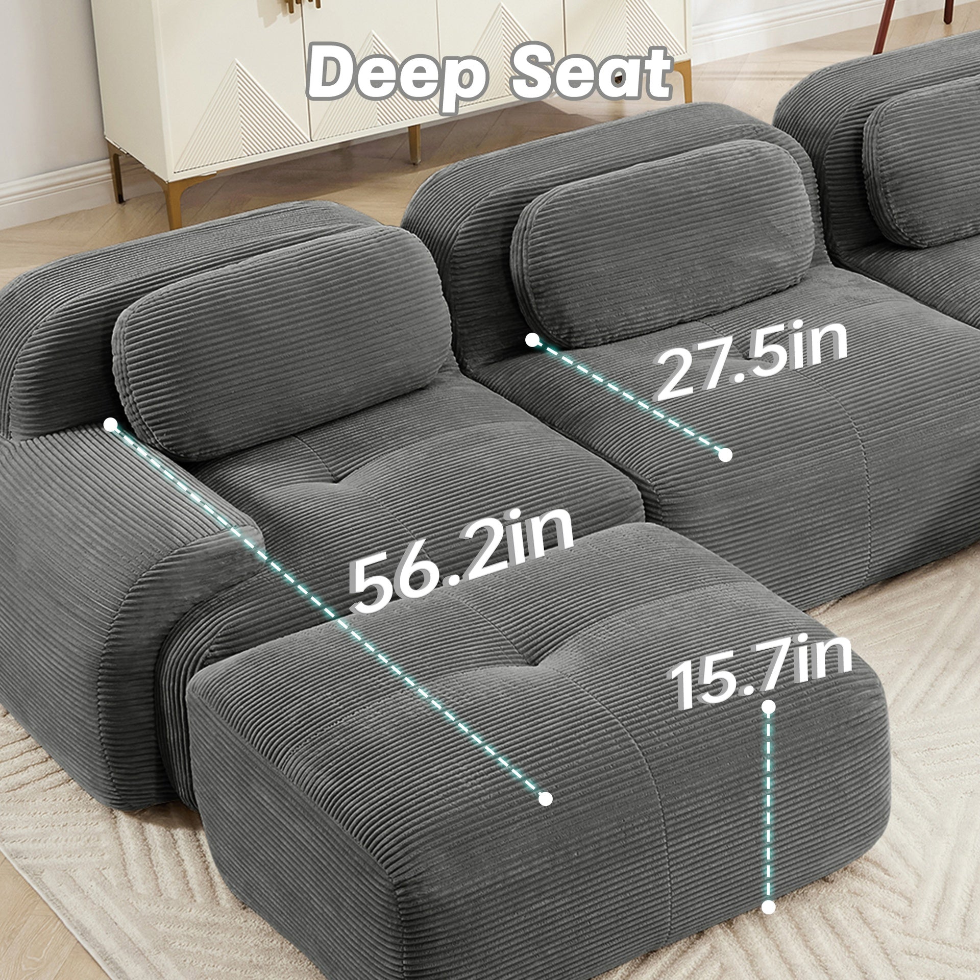 U-shaped modular sofa no assembly breathable corduroy fabric 32D high-resilience sponge extra-wide curved armrests pet-friendly ergonomic design for living rooms bedrooms,Grey