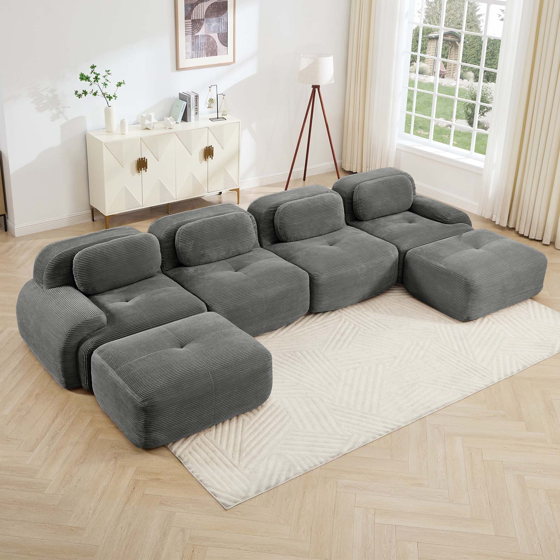 U-shaped modular sofa no assembly breathable corduroy fabric 32D high-resilience sponge extra-wide curved armrests pet-friendly ergonomic design for living rooms bedrooms,Grey