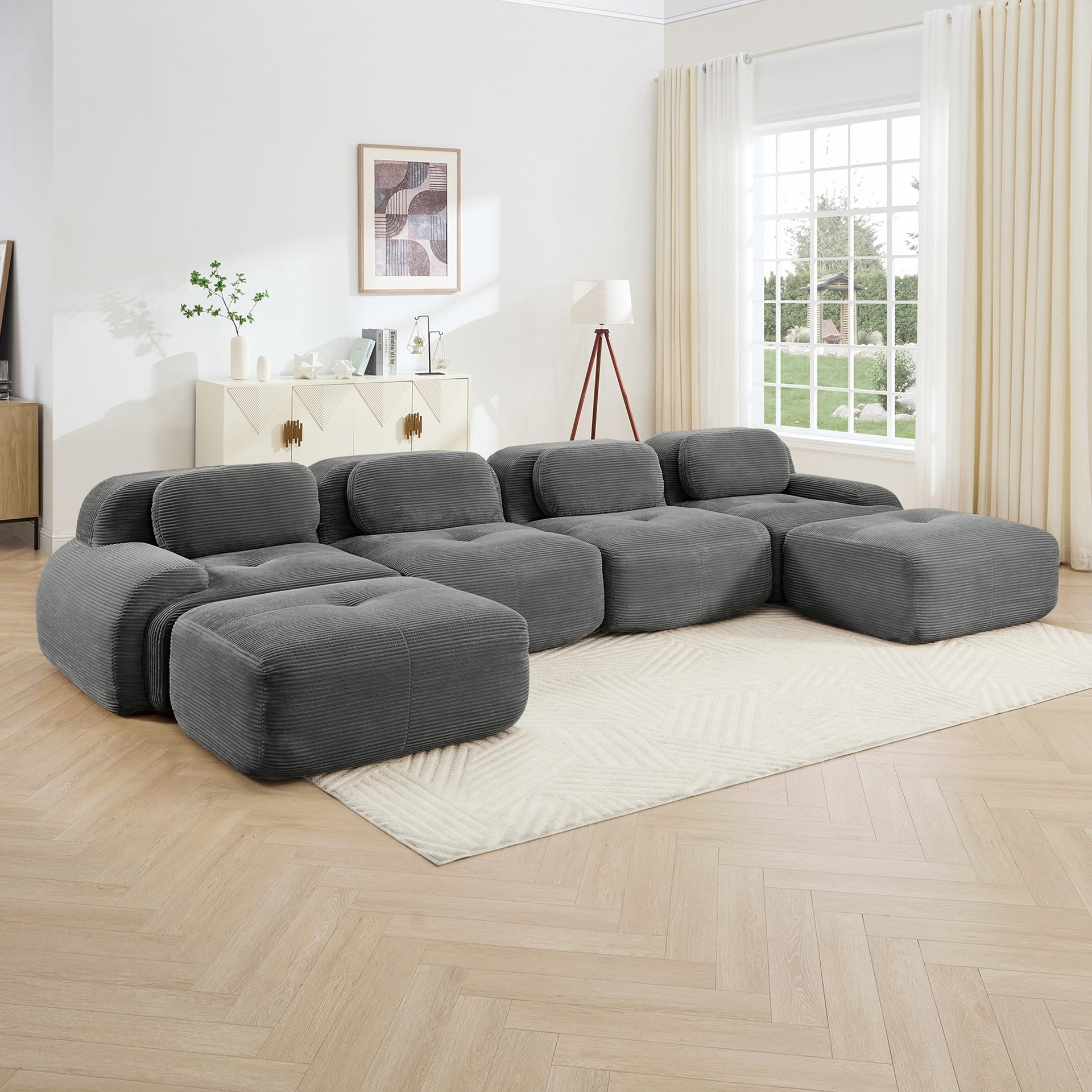 U-shaped modular sofa no assembly breathable corduroy fabric 32D high-resilience sponge extra-wide curved armrests pet-friendly ergonomic design for living rooms bedrooms,Grey