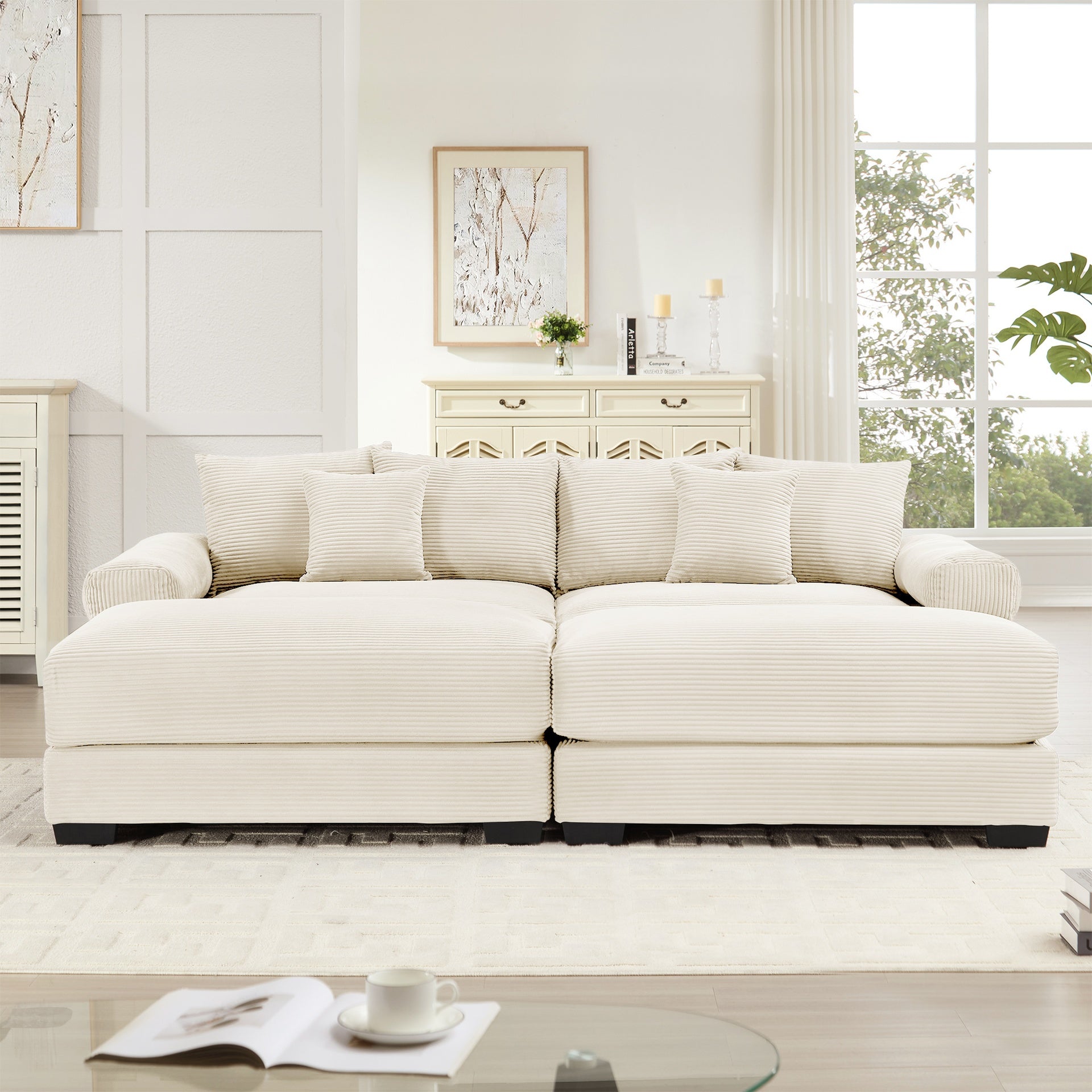 82.6" Oversized Cloud Modular Sectional Couch, Soft Corduroy Fabric With An Ottoman,Deep Seat Wide Armrests, Ergonomic Design Easy Assembly, Soft Corduroy,For Living Rooms Lounges, Cream