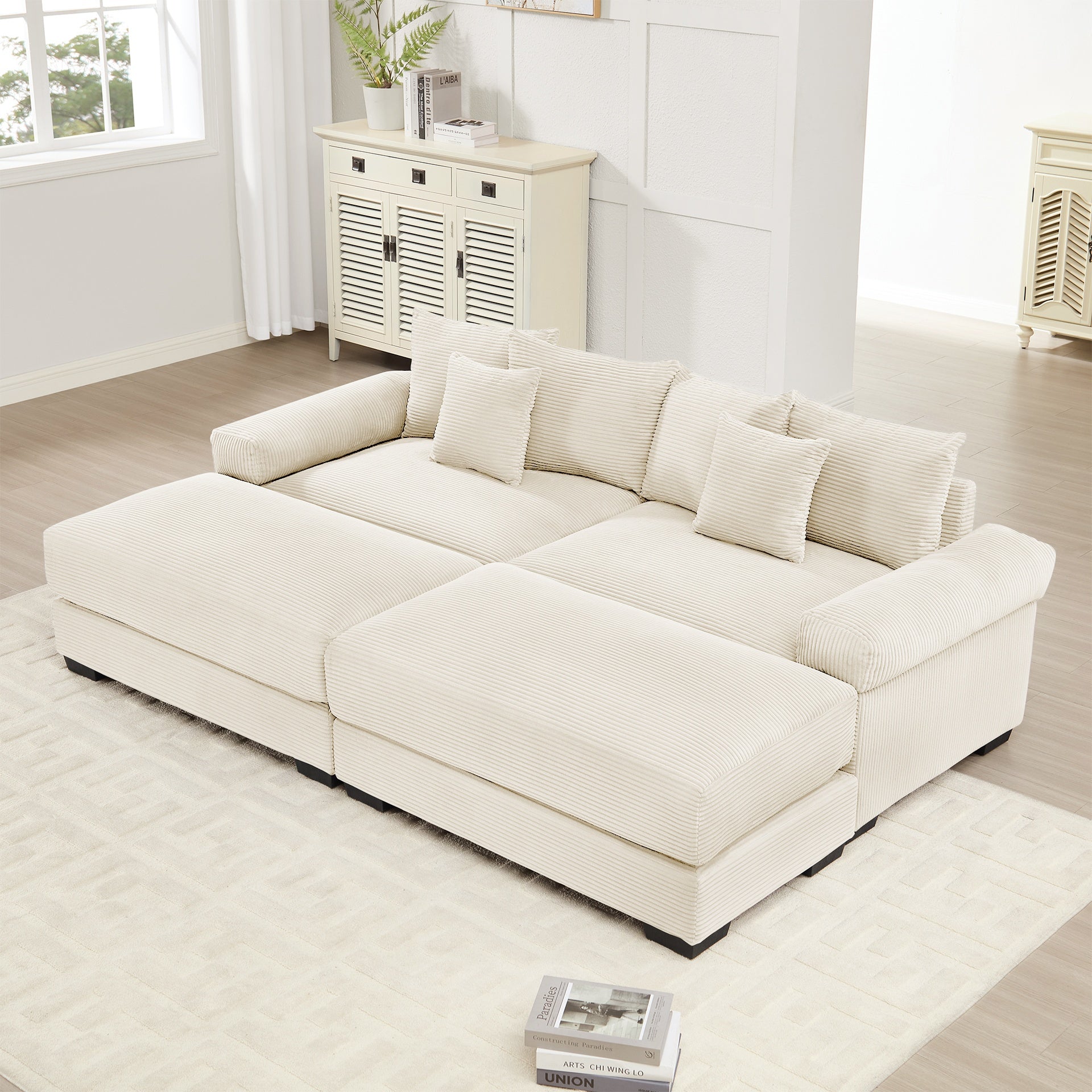 82.6" Oversized Cloud Modular Sectional Couch, Soft Corduroy Fabric With An Ottoman,Deep Seat Wide Armrests, Ergonomic Design Easy Assembly, Soft Corduroy,For Living Rooms Lounges, Cream