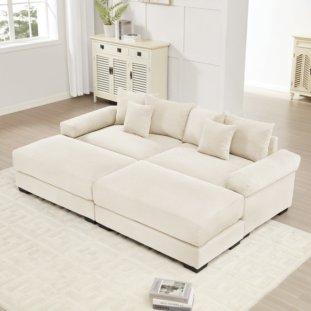 82.6" Oversized Cloud Modular Sectional Couch, Soft Corduroy Fabric With An Ottoman,Deep Seat Wide Armrests, Ergonomic Design Easy Assembly, Soft Corduroy,For Living Rooms Lounges, Cream