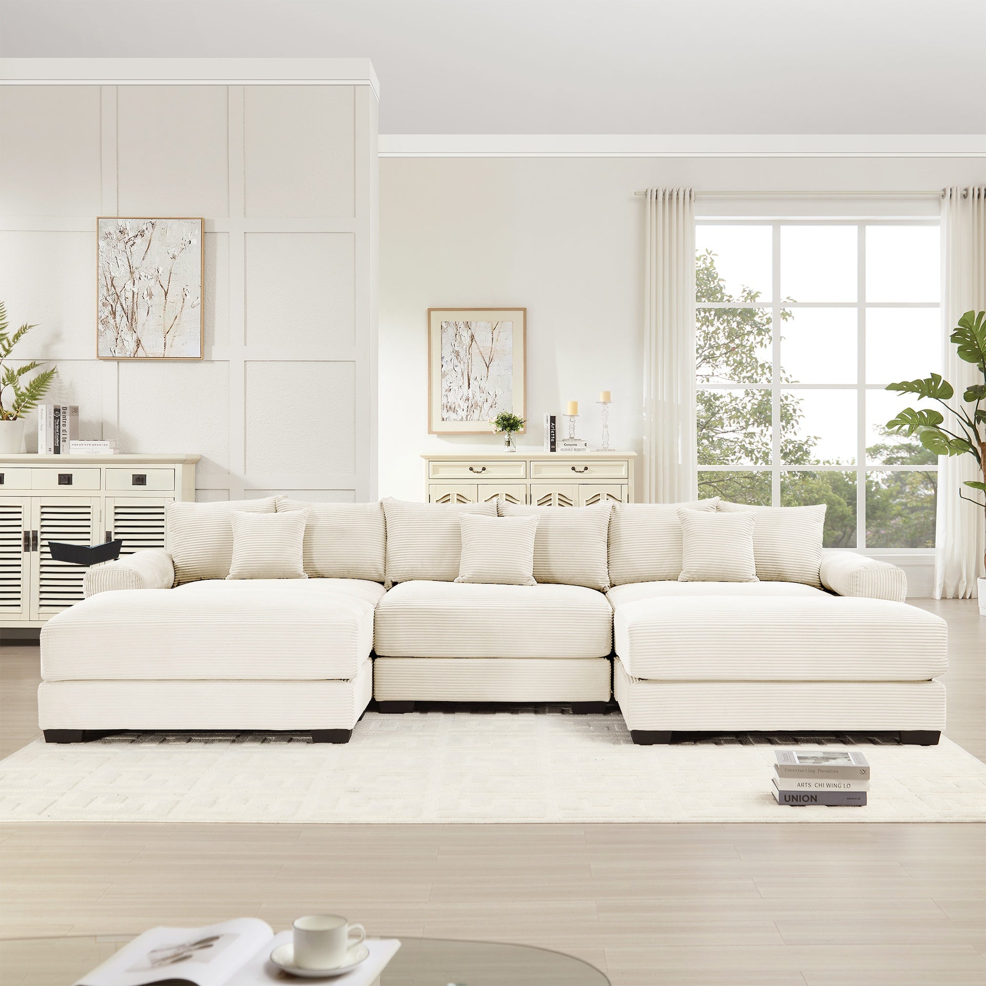 130"  Oversized Cloud Modular Sectional Couch, Premium Corduroy Fabric,3-Seater Deep Seat Wide Armrests,With An Ottoman,Ergonomic Design,Easy Assembly For Lounges Living Room,Cream