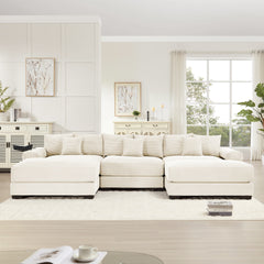 130"  Oversized Cloud Modular Sectional Couch, Premium Corduroy Fabric,3-Seater Deep Seat Wide Armrests,With An Ottoman,Ergonomic Design,Easy Assembly For Lounges Living Room,Cream