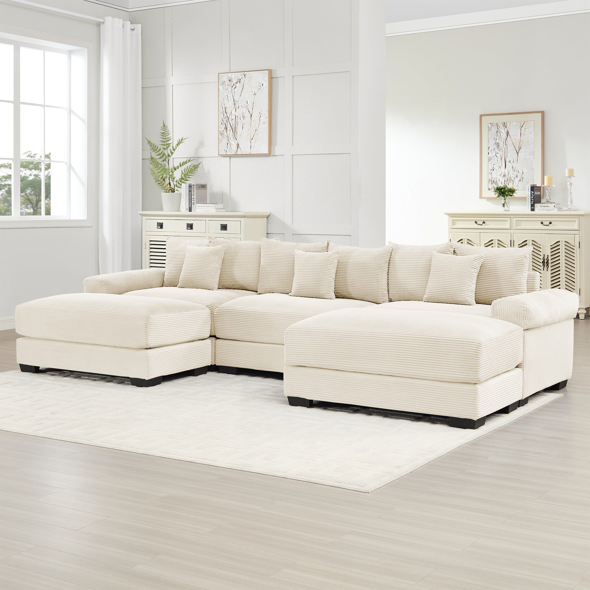 130"  Oversized Cloud Modular Sectional Couch, Premium Corduroy Fabric,3-Seater Deep Seat Wide Armrests,With An Ottoman,Ergonomic Design,Easy Assembly For Lounges Living Room,Cream