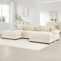 130"  Oversized Cloud Modular Sectional Couch, Premium Corduroy Fabric,3-Seater Deep Seat Wide Armrests,With An Ottoman,Ergonomic Design,Easy Assembly For Lounges Living Room,Cream
