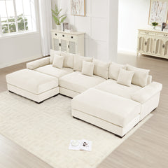 130"  Oversized Cloud Modular Sectional Couch, Premium Corduroy Fabric,3-Seater Deep Seat Wide Armrests,With An Ottoman,Ergonomic Design,Easy Assembly For Lounges Living Room,Cream