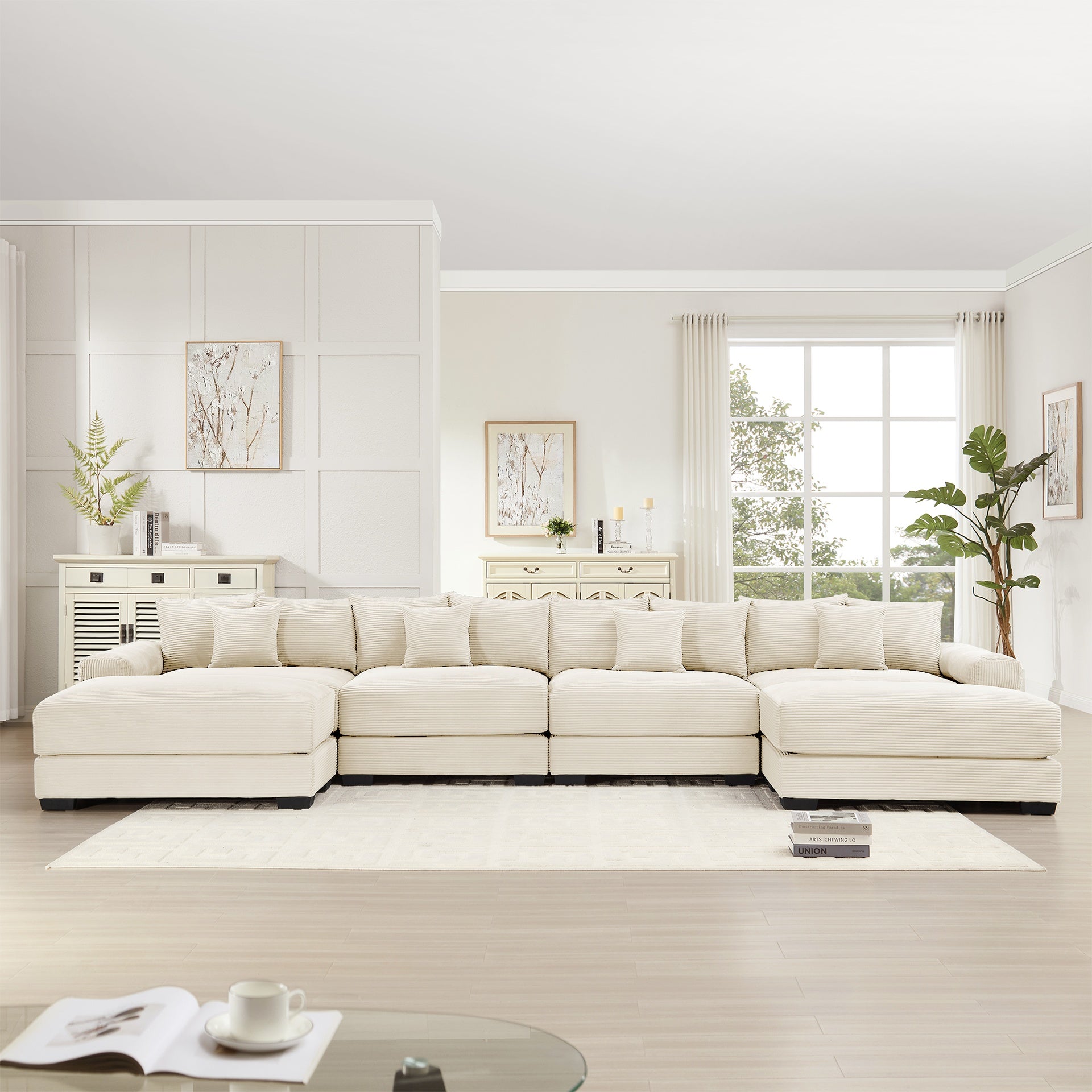 170" Oversized Cloud Modular U-Shape Sectional Couch,Premium Corduroy Fabric With An Ottoman,Deep Seat Wide Armrests,Good Resilience Cushion,Easy Assembly, For Living Rooms Studies,Cream